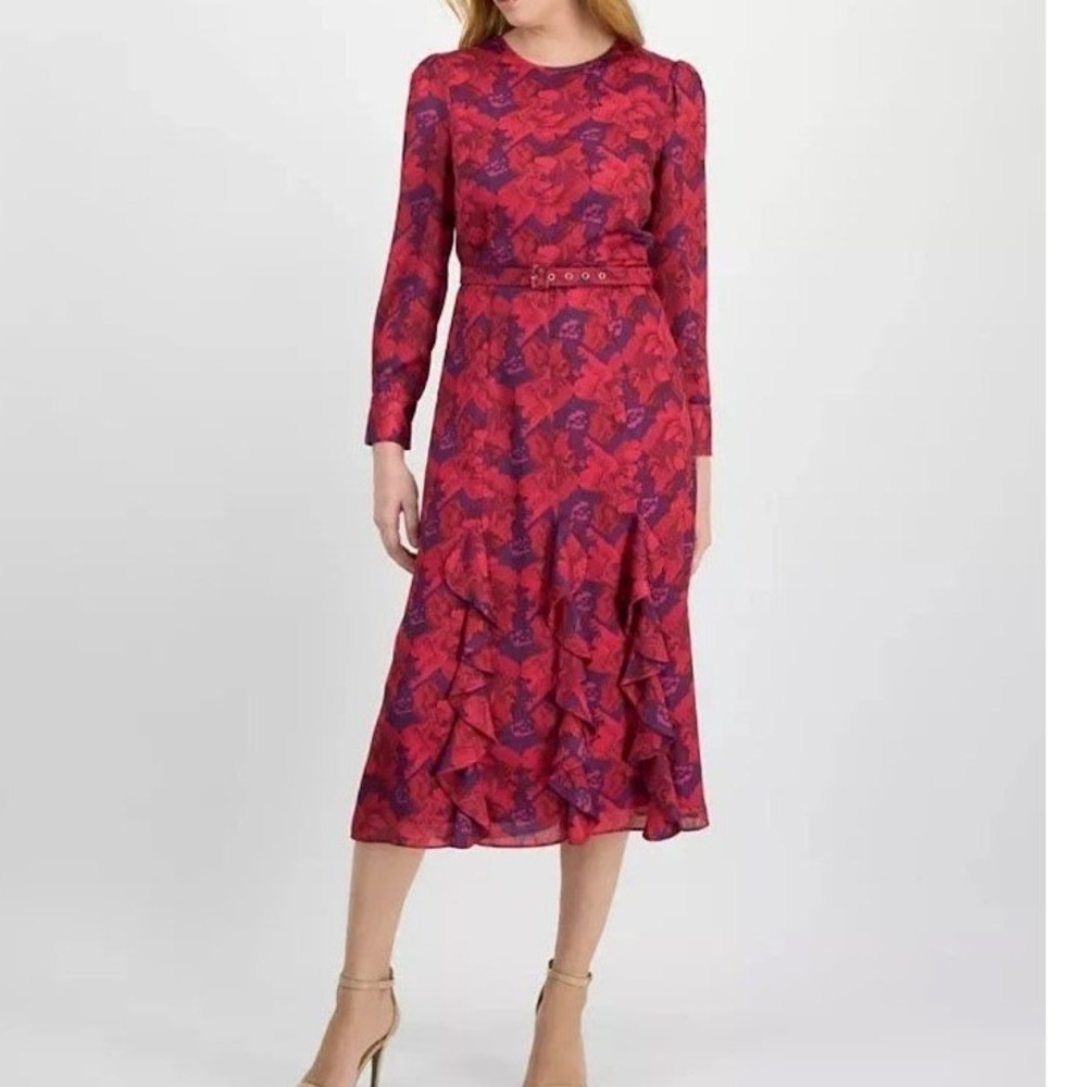 Tahari ASL Pink Purple Floral Ruffle Faux Wrap Midi Dress Size 6